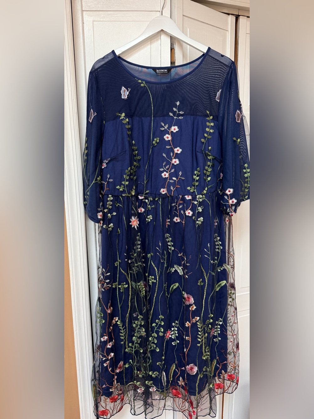 Embroidered Navy Long-Sleeve Mesh Dress with Floral Detailing